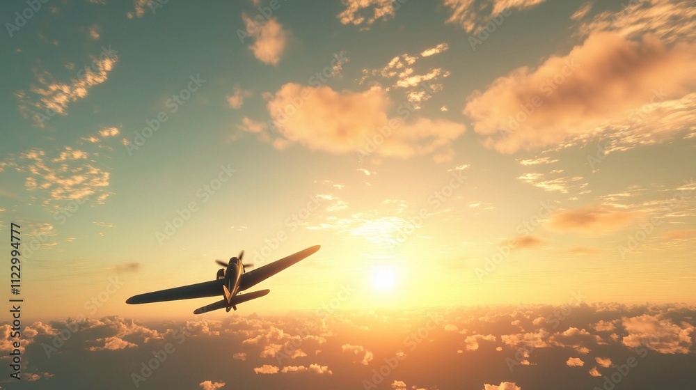 Obraz premium Airplane Soaring Across the Sky at Sunset with Colorful Clouds