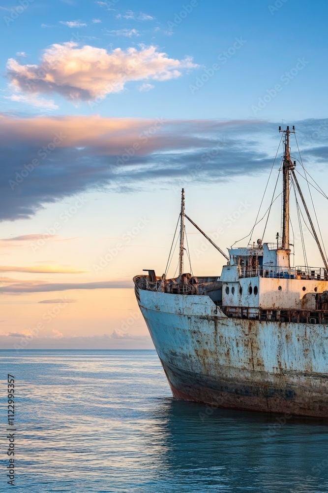 Rusty Abandoned Ship at Sunset on Calm Waters with Beautiful Cloud Reflections and Soft Golden Light Creating a Serene Seascape Ideal for Nautical Photography Rusty Abandoned Ship at Sunset on Calm Waters with Beautiful Cloud Reflections and Soft Golden Light Creating a Serene Seascape Ideal for Nautical Photography