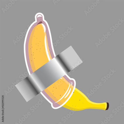 Banana duck taped on wall background. Conceptual art modern installation. Yellow banana duct-taped to a wall at art gallery.