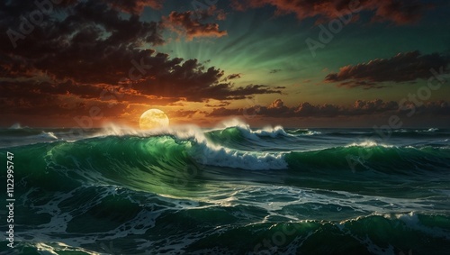 ocean view at night with beautiful moon background made by AI generative