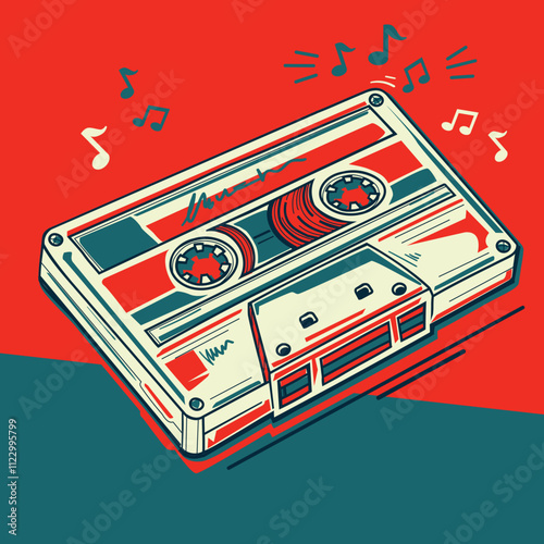 Musical audio cassette and notes bright  colorful music design
