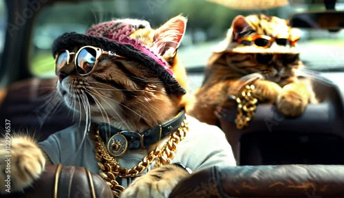 family of rich, important, fluffy cats in knitted hat and sunglasses in chains and jewelry, riding in open car, in convertible driving, driving on city street. generation AI.
