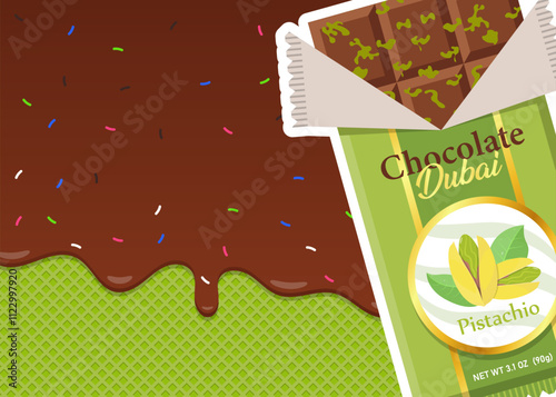 Sweet Dubai chocolate with pistachio and kataifi dough in milk chocolate. Bar of chocolate with pistachio paste filling. Vector illustration of trending