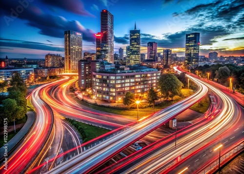 Mesmerizing Night Long Exposure of Car Lights Creating a Stunning Panoramic Cityscape with Vibrant Colors and Dynamic Motion Effects in an Urban Environment