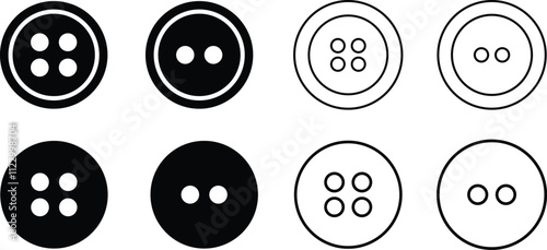 Sewing Buttons black flat and line sketch icon set. Decorative buttons for fasteners dresses garments Jeans Clothing and Accessories vector collection isolated on transparent background.