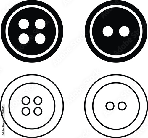 Sewing Buttons black flat and line sketch icon set. Decorative buttons for fasteners dresses garments Jeans Clothing and Accessories vector collection isolated on transparent background.