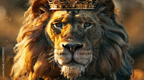 Majestic lion wearing golden crown in dramatic sunset light, close-up portrait showing regal expression. Powerful wildlife photograph with mystical atmosphere and rich golden tones