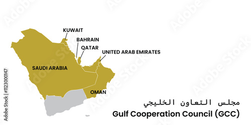 Print Golden Gulf Cooperation Council (GCC) Map Highlighting Saudi Arabia - Middle East Geopolitical Design