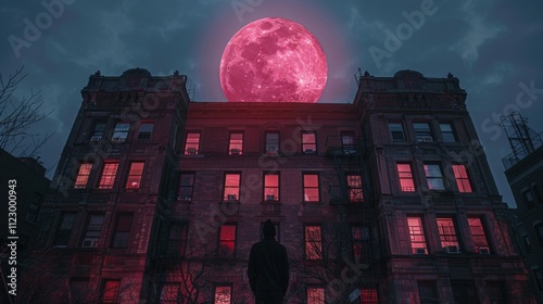 A man stands in front of a building with a large red moon in the sky photo