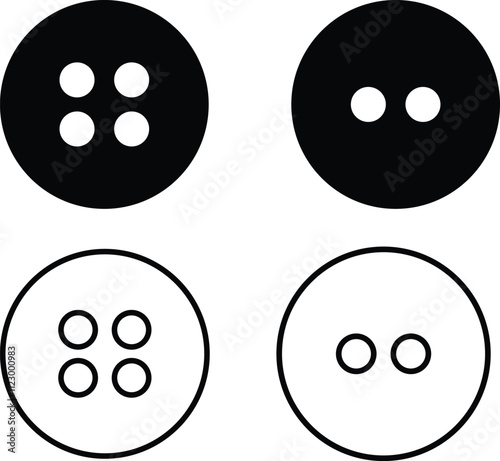 Sewing Buttons black flat and line sketch icon set. Decorative buttons for fasteners dresses garments Jeans Clothing and Accessories vector collection isolated on transparent background.