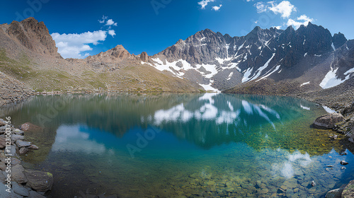 Scenic mountain lake with snow-capped peaks and forest reflections in a serene valley