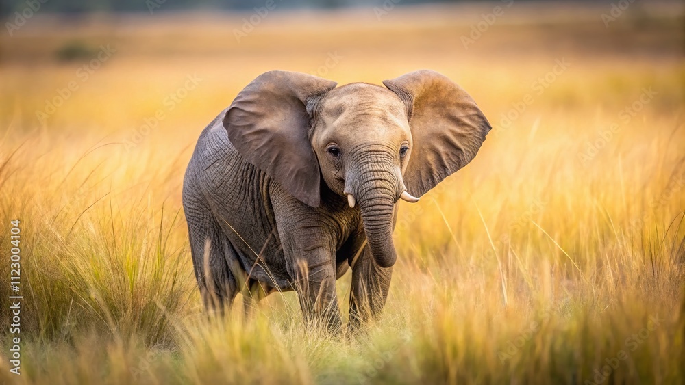 Fototapeta premium Minimalist Photography of a Baby Elephant in a Serene Natural Habitat, Emphasizing the Beauty of Wildlife and Simplicity in Composition for Stunning Visual Appeal