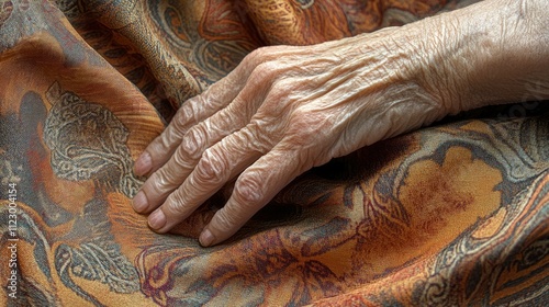 A macro shot of aging skin folds on an elderly hand resting on a patterned fabric. photo