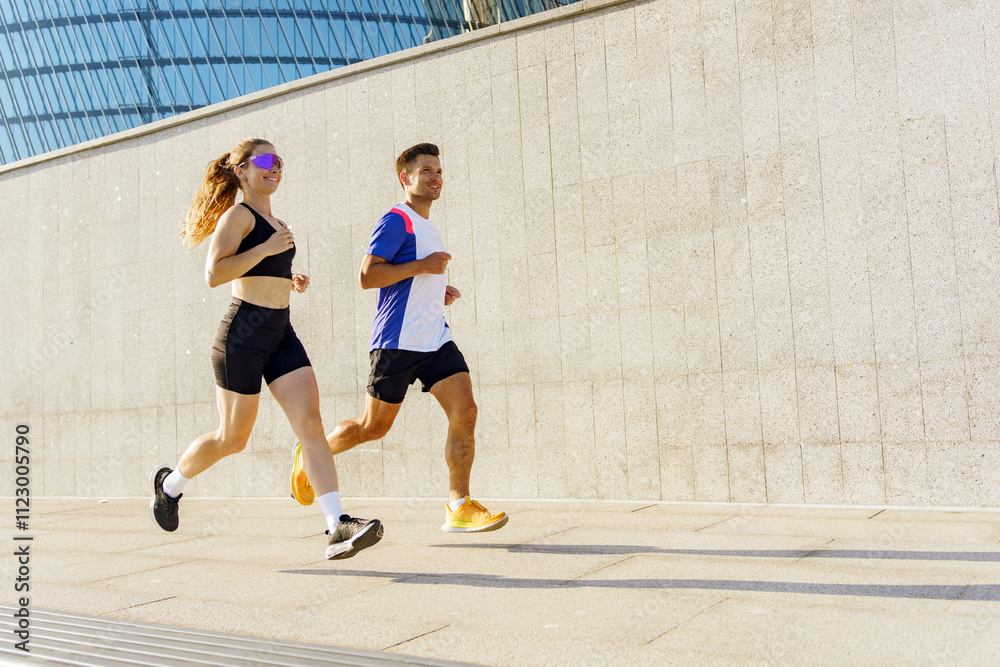 Fototapeta premium Two runners exercising on a sunny day along a modern urban pathway