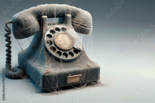 An old phone covered with cobwebs on a light background. Space for text.