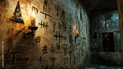 An old cellar with walls covered in strange symbols. The faint flicker of a candle reveals shadows that seem to watch silently.