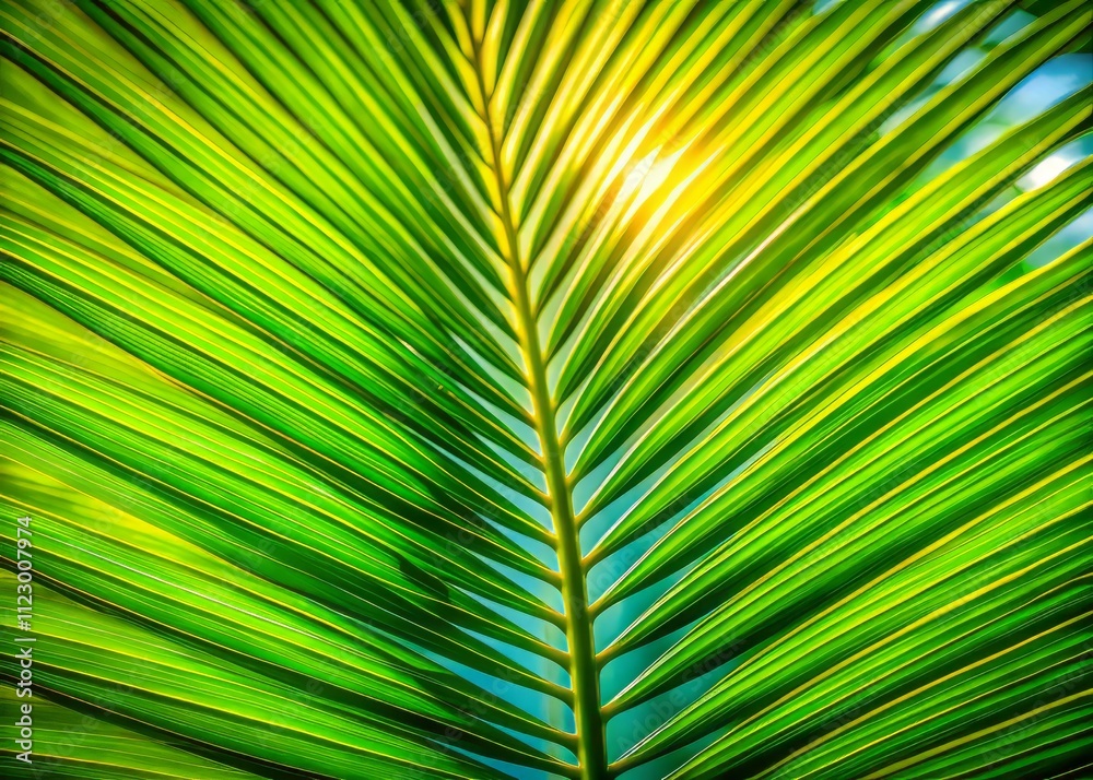 Lush Palm Tree Leaf in High Depth of Field, Showcasing Intricate Textures and Vibrant Green Hues Against a Softly Blurred Background for Nature and Tropical Themes