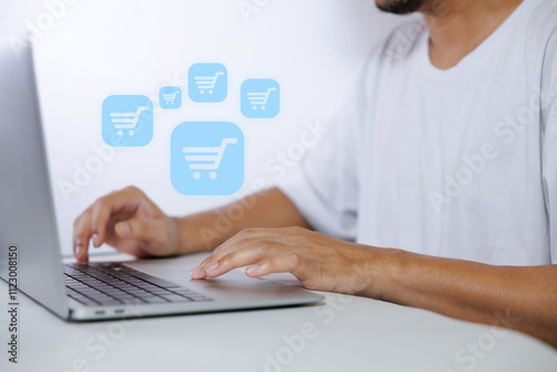 Business ecommerce concept. Man use mobile smart phone with online shopping icons for Internet shopping, online purchase, ecommerce store, online business, shopping on the internet.