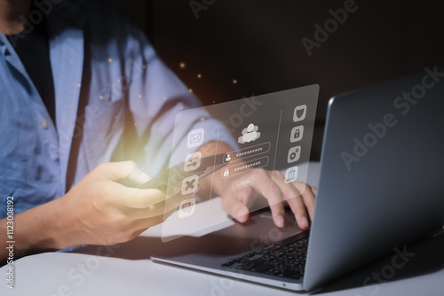 Login screen, Cybersecurity and privacy concepts to protect data. Lock icon and internet network security technology. Businessmen protecting personal data on laptops and virtual interfaces.