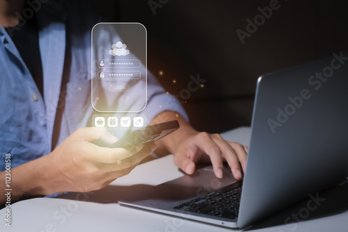 Login screen, Cybersecurity and privacy concepts to protect data. Lock icon and internet network security technology. Businessmen protecting personal data on laptops and virtual interfaces.