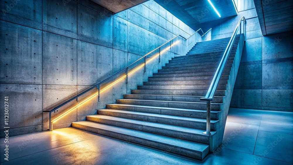 Fototapeta premium Modern Minimalist Concrete Staircase with Ambient Lighting Captured in Long Exposure, Showcasing Industrial Charm and Contemporary Design in a Unique Setting
