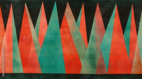 Abstract triangular shapes, arranged in rows, with varying shades of red and teal, against a dark background. photo