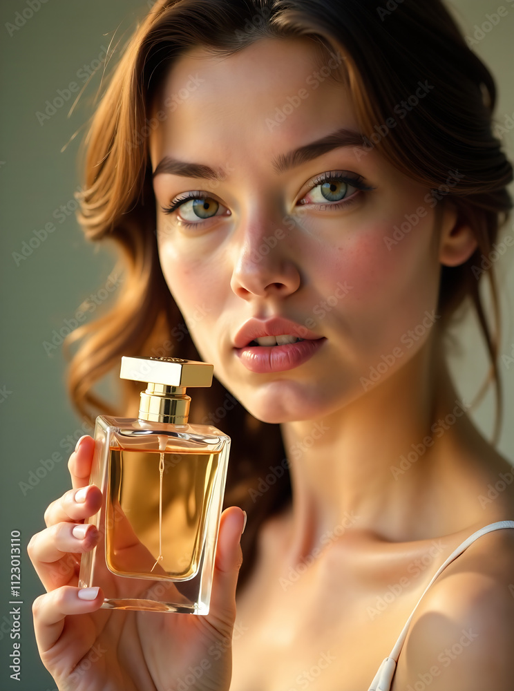 Fototapeta premium Delicate fragrance - a girl holding perfume bottle, showcasing elegance and style, highlighting beauty and sophistication, scented allure