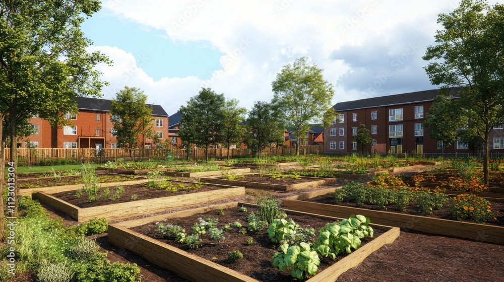 Community garden with raised beds, surrounded by modern residential buildings under a partly cloudy sky.