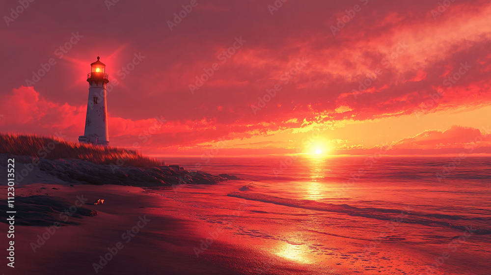 Fototapeta premium An old lighthouse casting its light over a deserted beach as the sun sets, the sky ablaze with vibrant hues of red, orange, and pink.