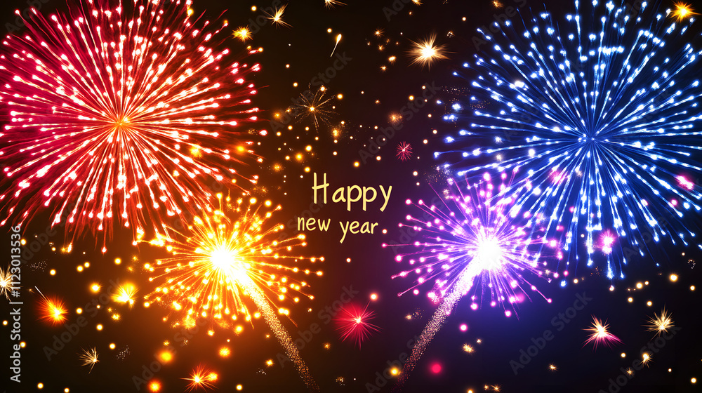 Fototapeta premium Happy New Year text illustration, Firework on black background, new year card concept