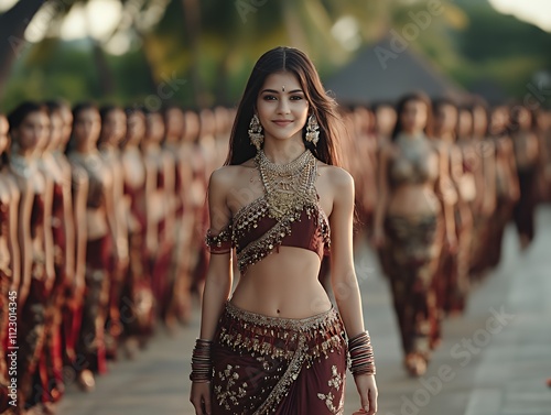 Wide-angle view of a cultural fashion show with models photo