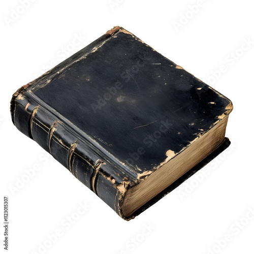 Isolated transparent gothic book on old wooden table dark room close-up perspective evokes mystery and history