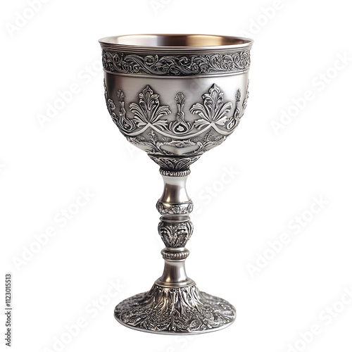 Isolated transparent gothic silver chalice displayed on in studio environment for artistic appreciation photo