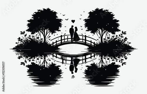 Silhouette of Romantic Couple Standing on Bridge Over Calm River with Heart-Shaped Reflections for Art Projects