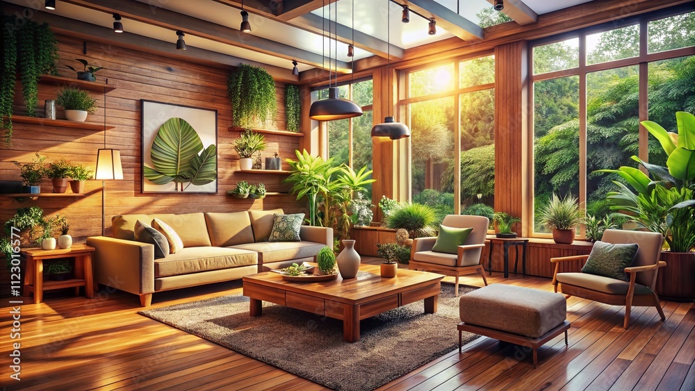 Natural Harmony: Embracing Wooden Elements in a Cozy Living Room Interior Design for Tranquil and Inviting Spaces