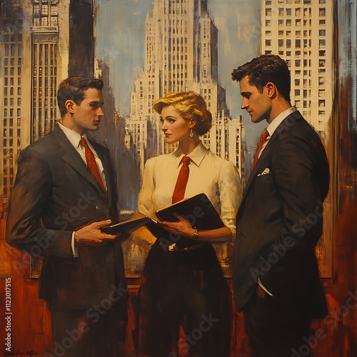 Three businesspeople in 1940s attire discuss a portfolio in a city setting. photo