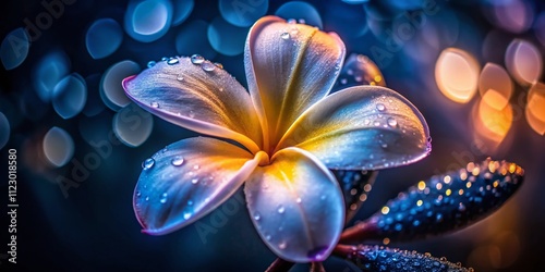 Night Photography of a Closeup Plumeria Flower with Dew Drops Capturing the Essence of Frangipani Blooms Against a Dark Background for Nature Lovers and Floral Enthusiasts