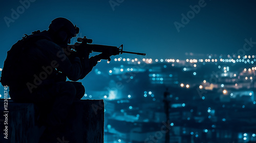 Silent Vigil: A lone soldier, silhouetted against a backdrop of twinkling city lights, crouches with a rifle, ready for action. The image evokes a sense of tension, anticipation. photo