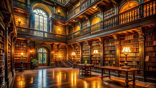 Wallpaper Mural Night Photography of a Grand Old Library with Towering Bookshelves, Soft Candlelight, and Intricate Architecture Showcasing the Beauty of Literature and History Torontodigital.ca