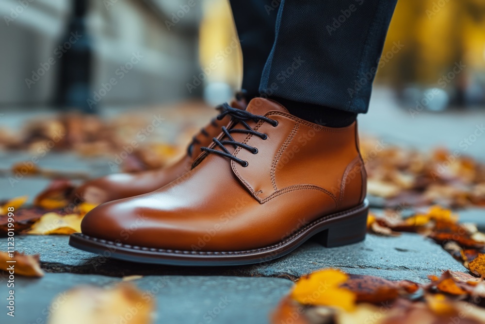 Close-up of brown leather boots on wet autumn leaves, showcasing men's fashion for fall Close-up of brown leather boots on wet autumn leaves, showcasing men's fashion for fall