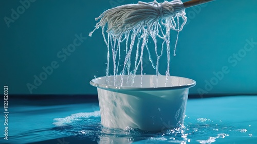 A mop dripping with water being lifted from a bucket, with a clean, streak-free floor below. photo