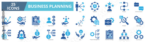Business planning icon collection set. Containing skills, network, customer, process, communication, statistics, planning, checklist icon. Simple flat vector