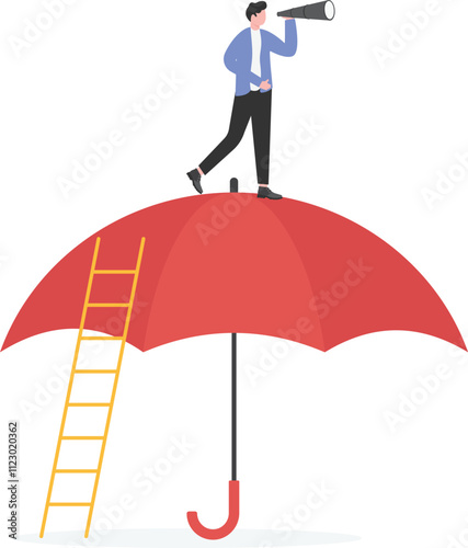Businessman holding a telescope standing on an umbrella

