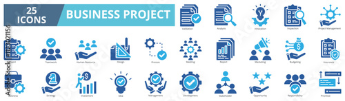 Business project icon collection set. Containing validation, analysis, innovation, inspection, project, management, teamwork, process icon. Simple flat vector