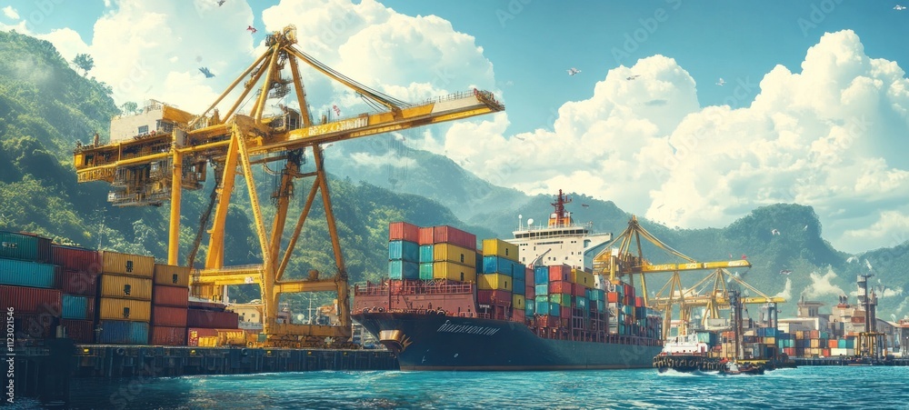 Fototapeta premium Vibrant Container Ship at a Tropical Port