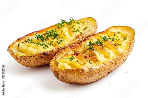 Composition of two baked potato skins mashed potatoes nearby. White background. High-resolution image. Perfect stock photo; side view photo