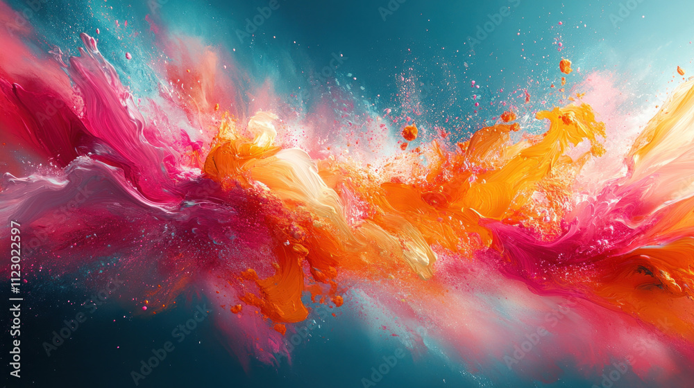 Colorful abstract composition featuring vibrant splashes of pink, orange, and teal blending dynamically Colorful abstract composition featuring vibrant splashes of pink, orange, and teal blending dynamically
