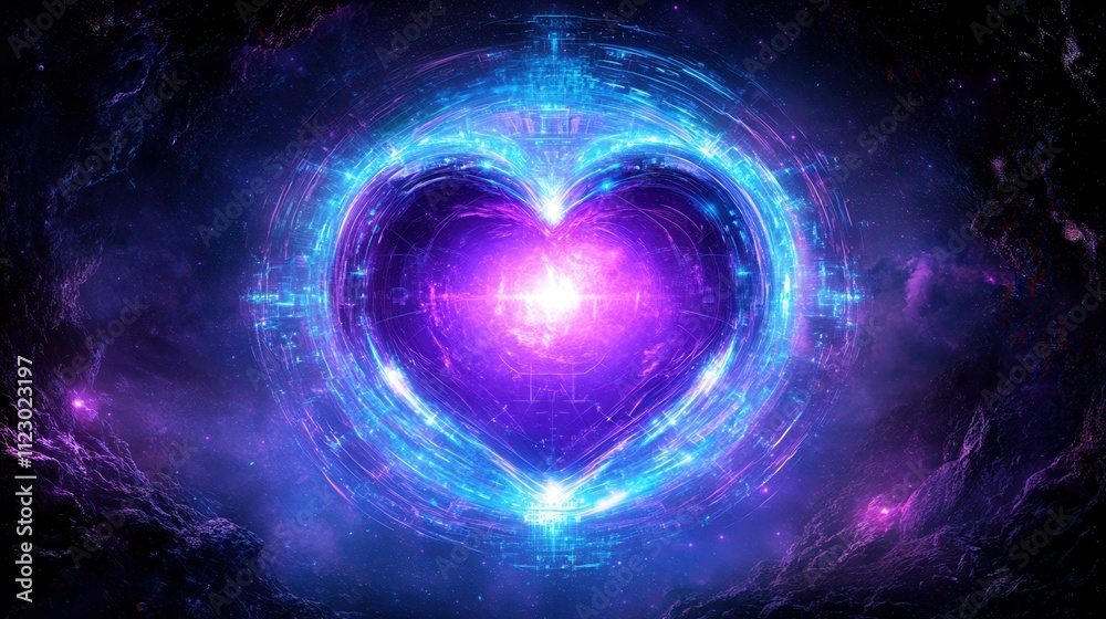 Obraz premium A vibrant cosmic heart glows in deep purples and blues, surrounded by a starry backdrop, symbolizing love and the universe's interconnectedness.