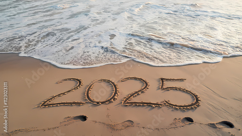 2025 year, happy new year 2025, beach, sand art 2025