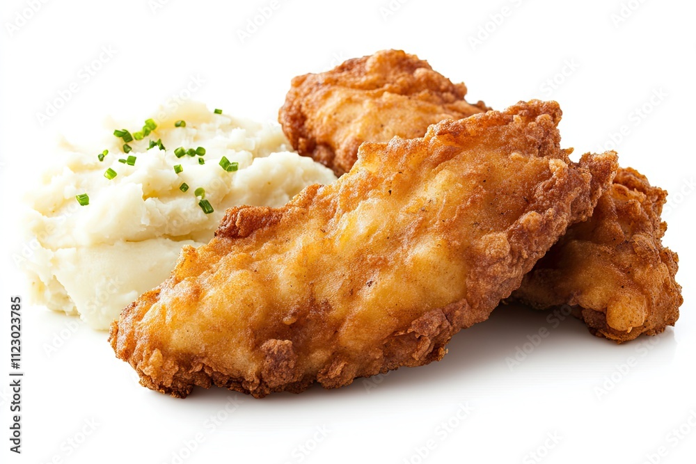 Composition of two battered fish fillets mashed potatoes nearby. White background. High-resolution image. Perfect stock photo; side view Composition of two battered fish fillets mashed potatoes nearby. White background. High-resolution image. Perfect stock photo; side view